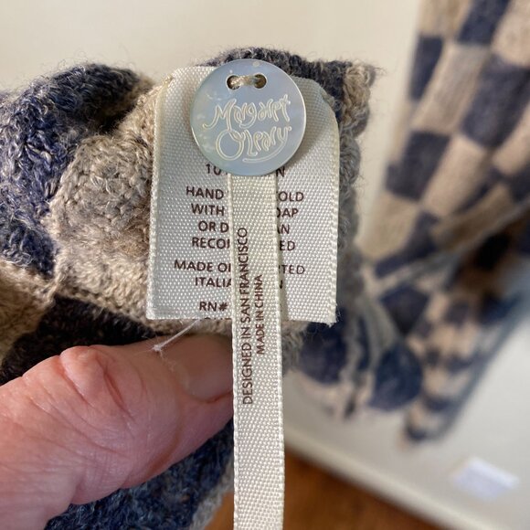 Margaret O’Leary Long Knit Scarf Blue Cream Checkered Linen Wool 80 Inch - Picture 8 of 10